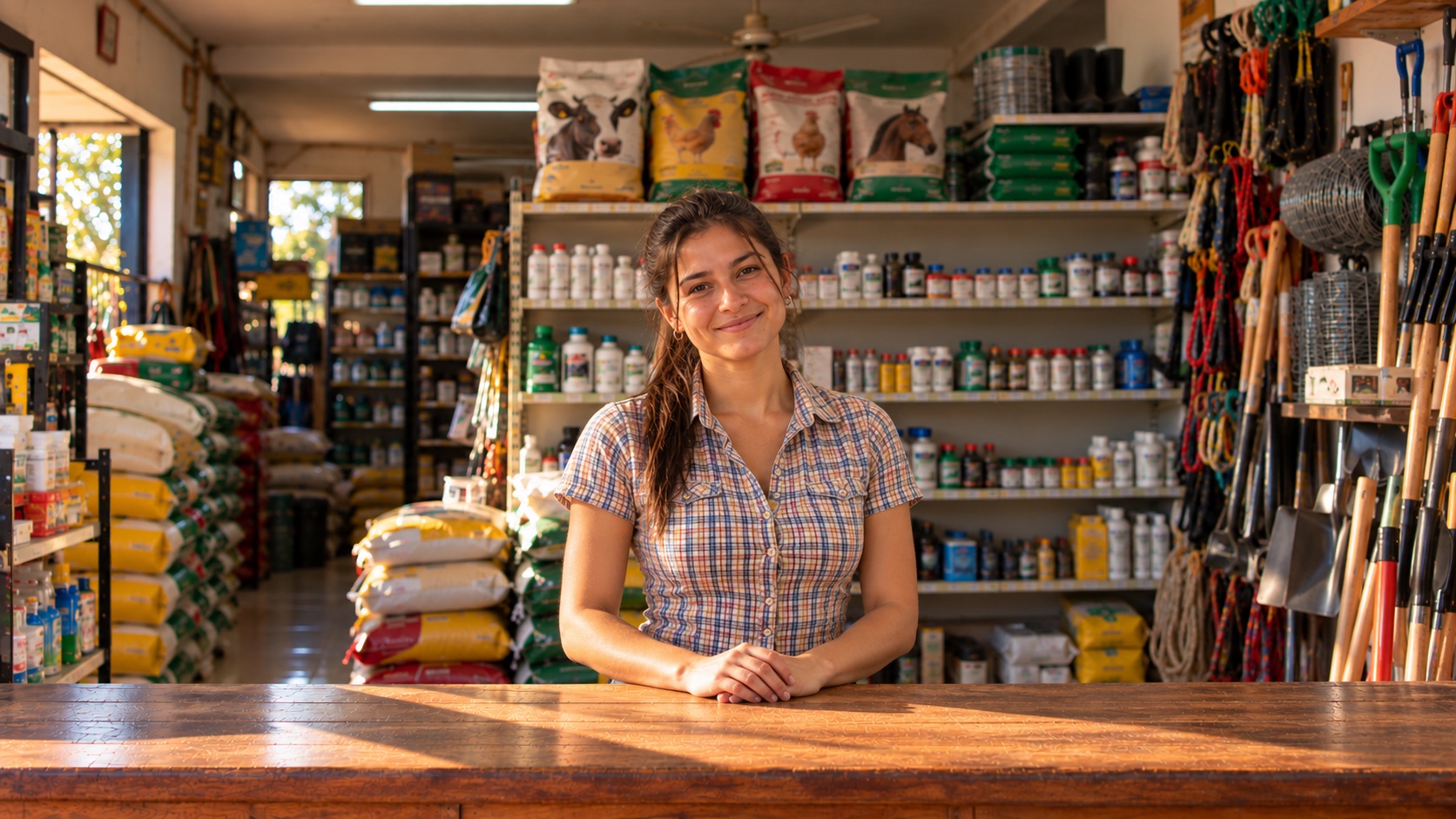 Una mujer sonríe con las manos juntas sobre el mostrador de una agroveterinaria, con bolsas de alimento balanceado y productos veterinarios en los estantes.