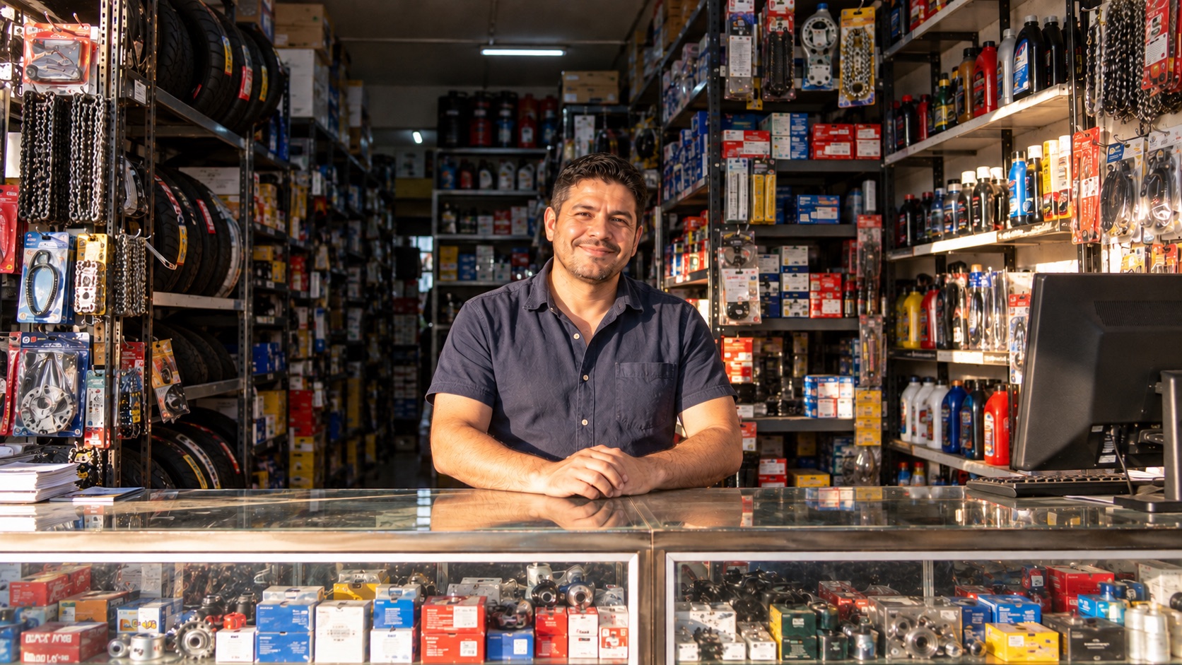 Un vendedor de repuestos sonríe detrás del mostrador de vidrio, con estantes de cajas, correas y piezas de autos detrás.