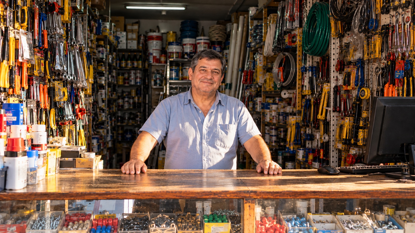 Un ferretero sonríe apoyado en el mostrador, con paredes llenas de herramientas, cables y repuestos detrás.