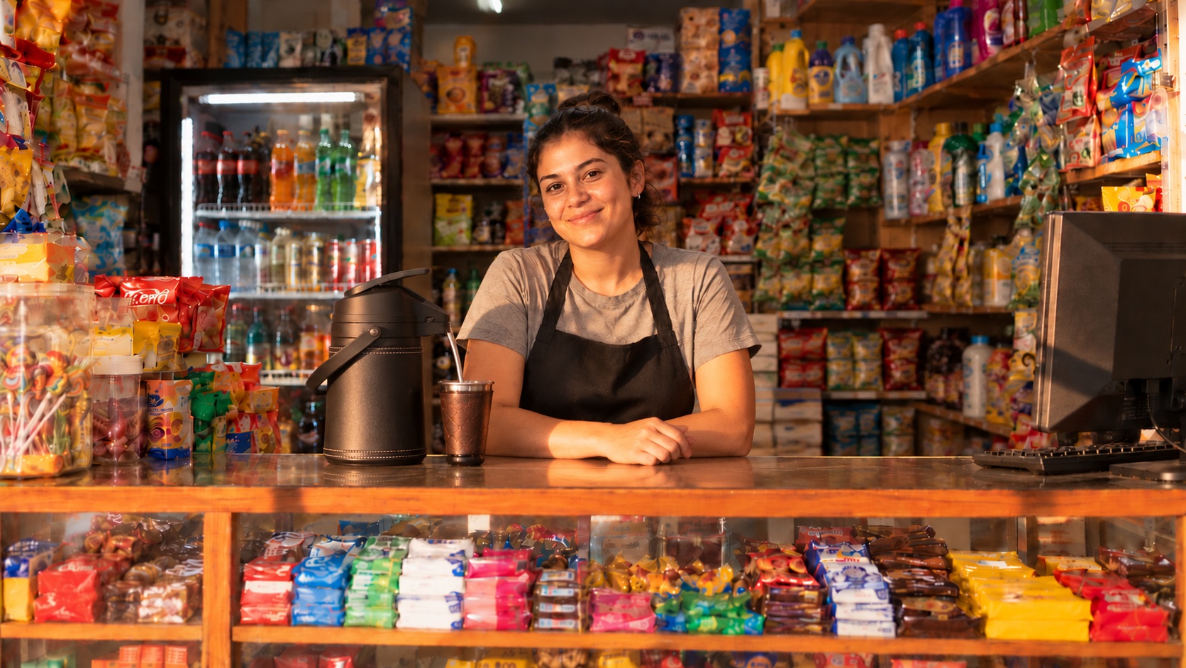 Una kiosquera con delantal negro sonríe con las manos sobre el mostrador de vidrio lleno de golosinas, con la heladera de bebidas a un lado y la computadora al otro.