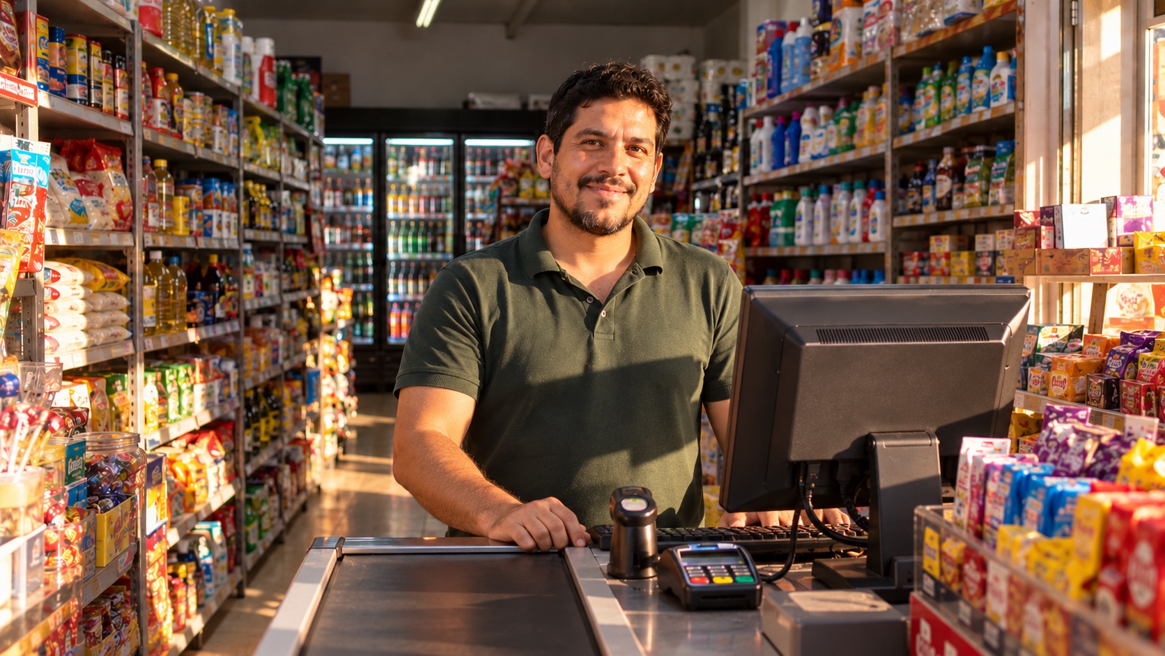Un comerciante sonríe detrás de la caja de su minimercado, junto a la computadora, con estantes de mercadería y heladeras de bebidas detrás.